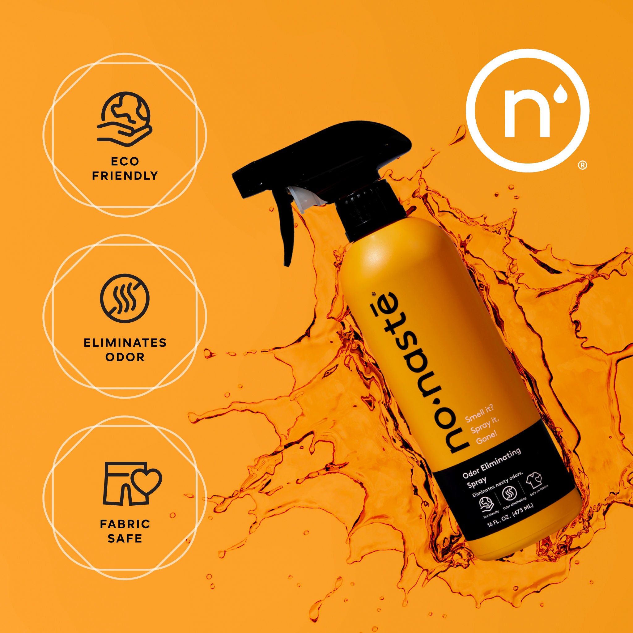 A orange spray bottle labeled 'Nonaste' with a black spray nozzle, depicted with splashes of liquid around it, and icons indicating the product is eco-friendly, eliminates odor, and fabric safe.